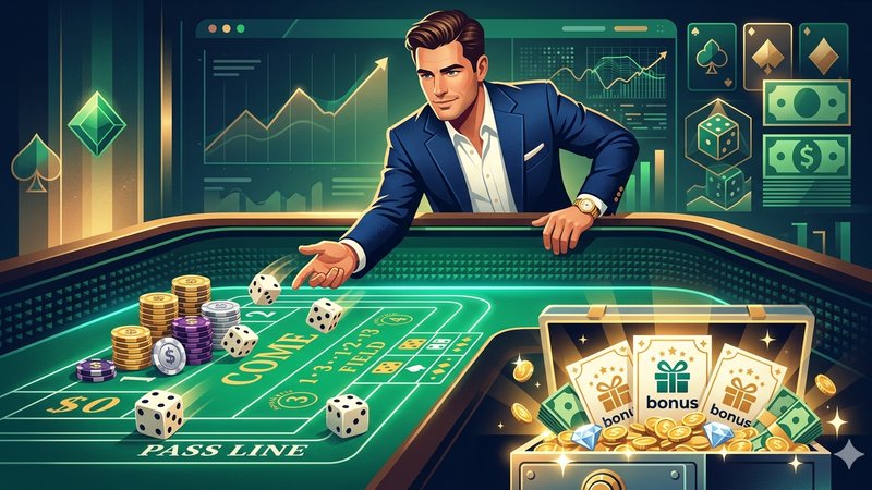 Иллюстрация с костями для крэпса и фишками на темном фоне для хайроллеров казино