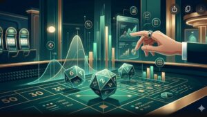 Иллюстрация с игральными костями и аналитическими графиками для статьи о стратегии игры в крэпс