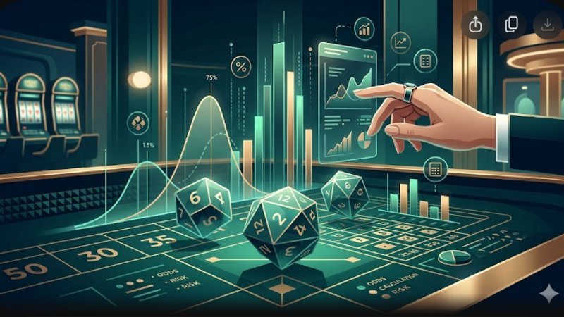 Иллюстрация с игральными костями и аналитическими графиками для статьи о стратегии игры в крэпс